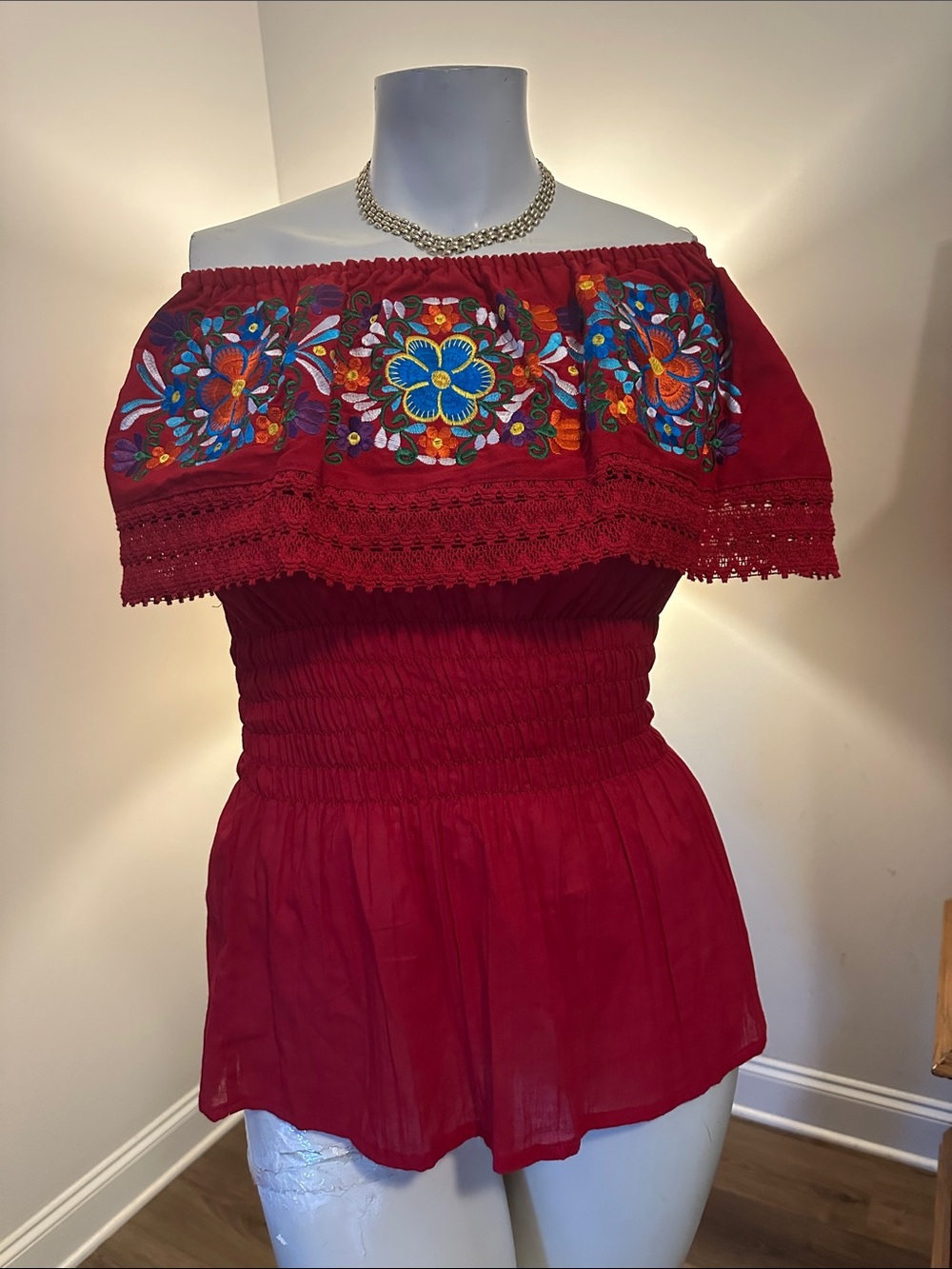 Off-Shoulder Mexican Red Embroidered Womenβs Top